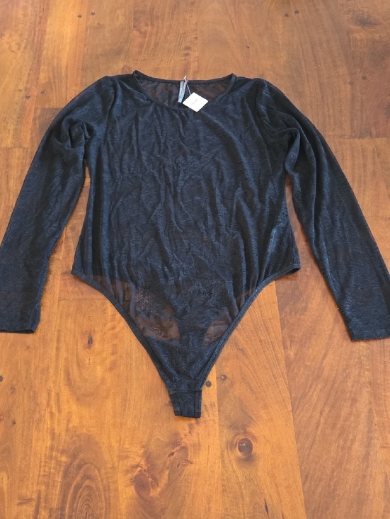 Anthropologie Tops - NWT Anthropologie Sheer Black Lace Long Sleeve Bodysuit Size Large